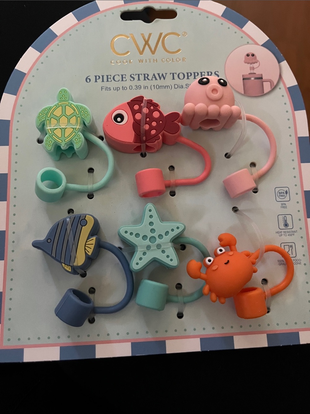 CWC Ocean Animal Straw Toppers - 6 Piece Set in Pink, Green, Blue, Orange, Teal